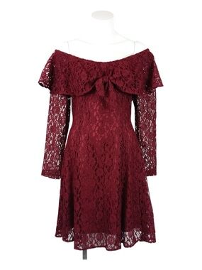 VTG Dawn Joy Burgundy Lace Off Shoulder Dress Ruffle Tie Front 80/90s Whimsigoth